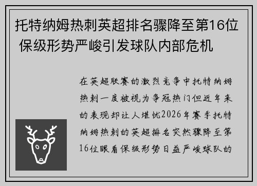 托特纳姆热刺英超排名骤降至第16位 保级形势严峻引发球队内部危机